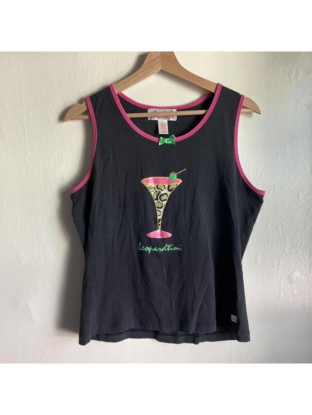 Leopardtini Cocktail Y2K Bow Pink Trim Graphic PJ Tank Lolita Womens Large